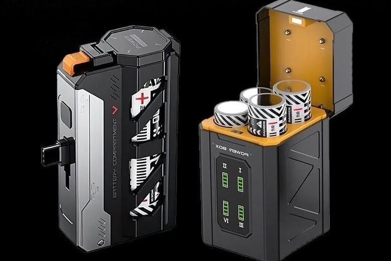 予備電源をストックできるステーション一体型充電器。モバ充の充電は