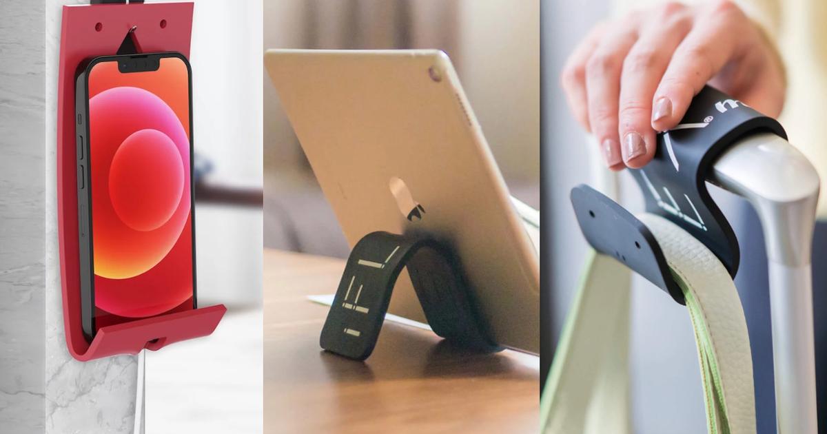 グニャっと折り曲げられるスマホスタンド。平置きも引っ掛けも置き方が