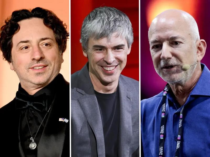 Alphabet co-founders Sergey Brin (left) and Larry Page (center), and Amazon founder Jeff Bezos (right).