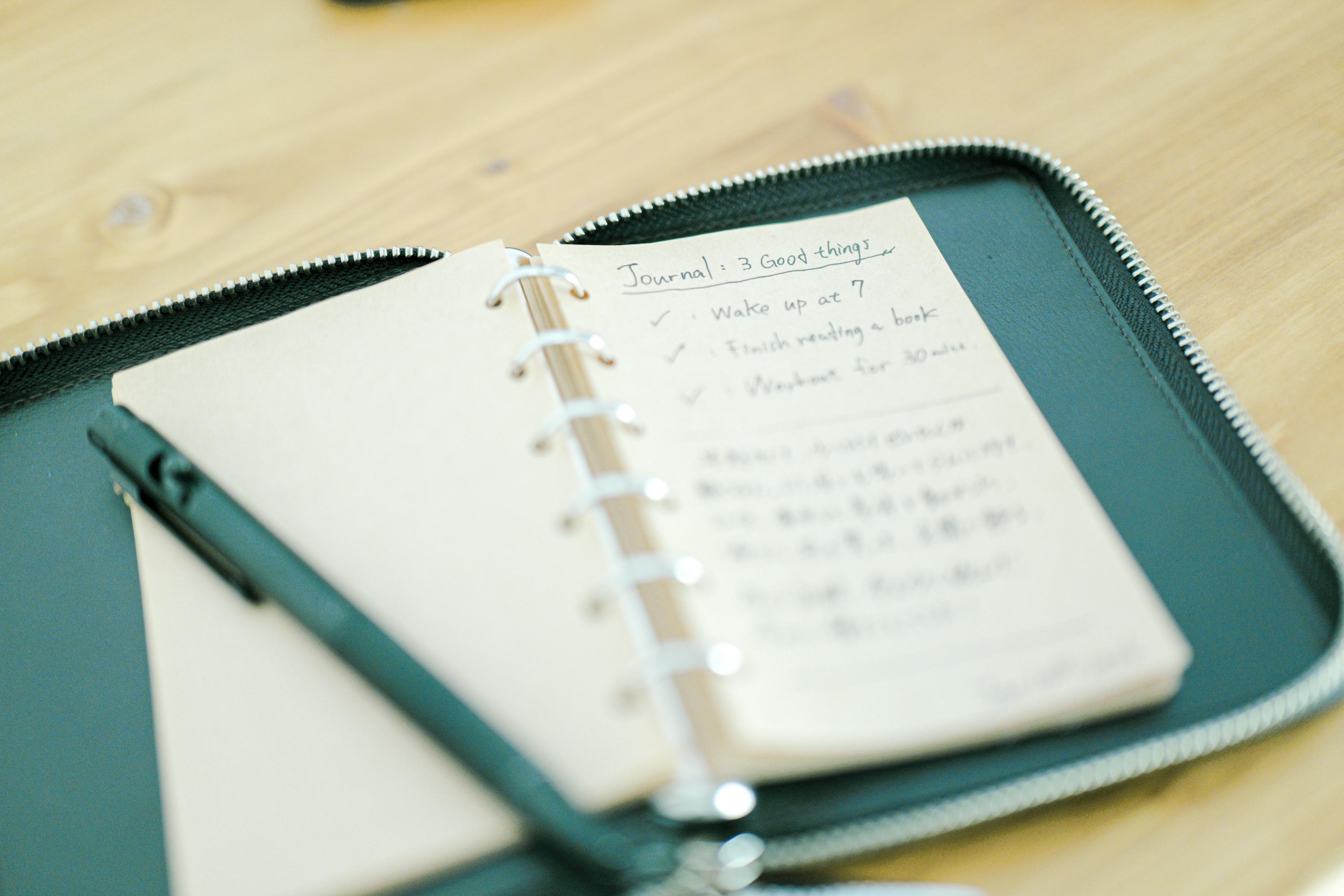 立ったままでも書きやすい。上質レザーのZIP手帳で記録するのがより