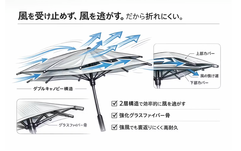 振れば水滴がほぼゼロ。超撥水傘は使用後も快適だから梅雨や日差し対策