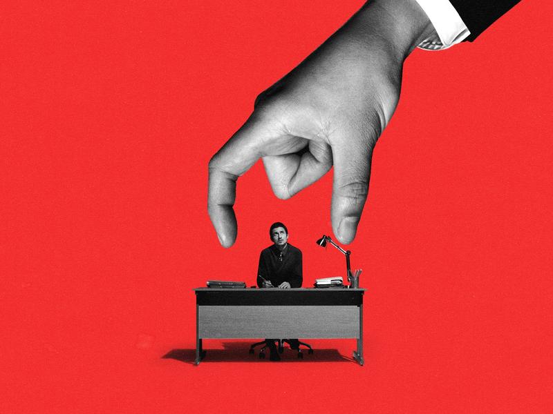 An illustration of an oversized handing reaching through the frame and squeezing an office worker at his desk.