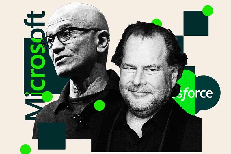 マイクロソフト(Microsoft)のサティア・ナデラ最高経営責任者(CEO)とセールスフォース(Salesforce)のマーク・ベニオフCEO。