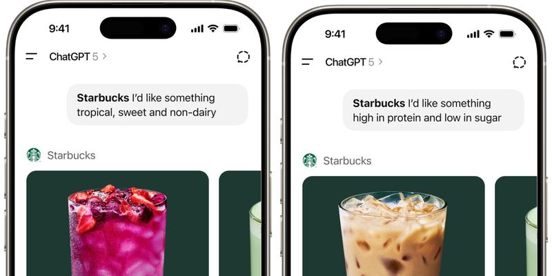 A ChatGPT user asks the chatbot's new Starbucks app to recommend a drink based on their preferences.