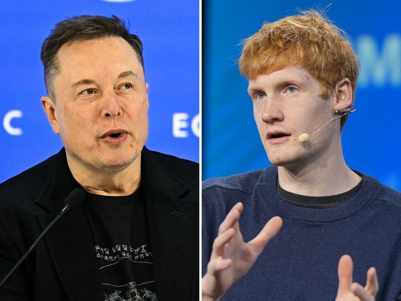 A composite imイーロン・マスク氏率いる宇宙企業スペースXは、マイケル・トゥルーエル氏が共同設立したプログラミングスタートアップ企業であるカーソルと提携する。age of Elon Musk speaking in front of a mic and Michael Truell speaking at an event wearing a wireless mic