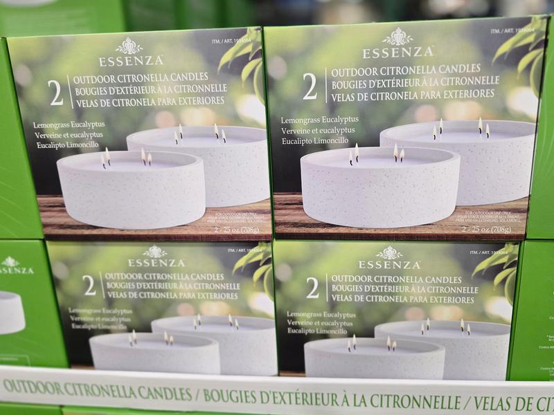 Boxes of Essenza outdoor citronella candles on display at Costco.