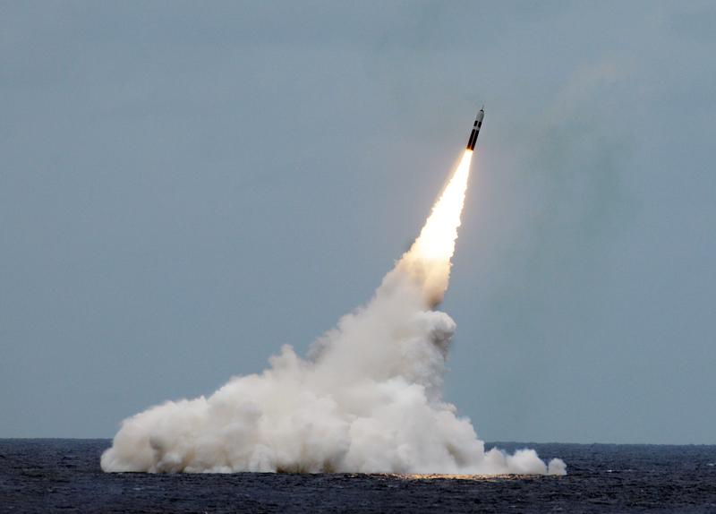 A Trident II D5 missile launched from an Ohio-class ballistic missile submarine during a test launch in 2019.
