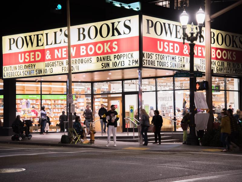 Illuminated sign for Powell's Books in Portland, Oregon.