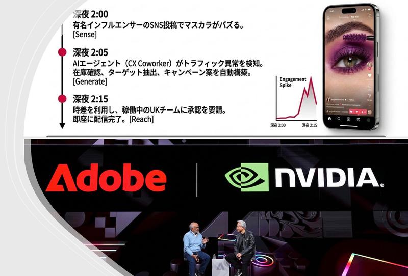 AIエージェントシナリオの図とAdobeSummitのステージ風景