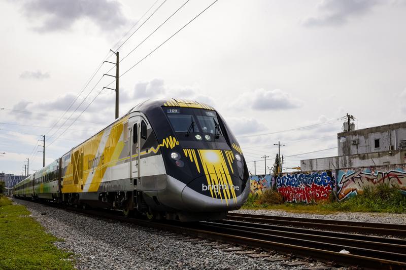 A Brightline train in Miami, Florida, US, on Thursday, Feb. 1, 2024.