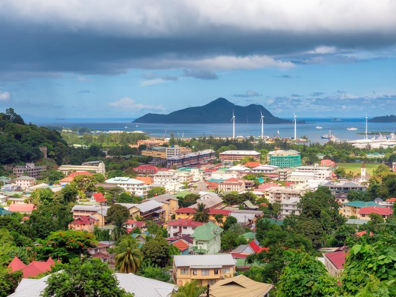 Houses next to the ocean in Victoria, Seychelles.