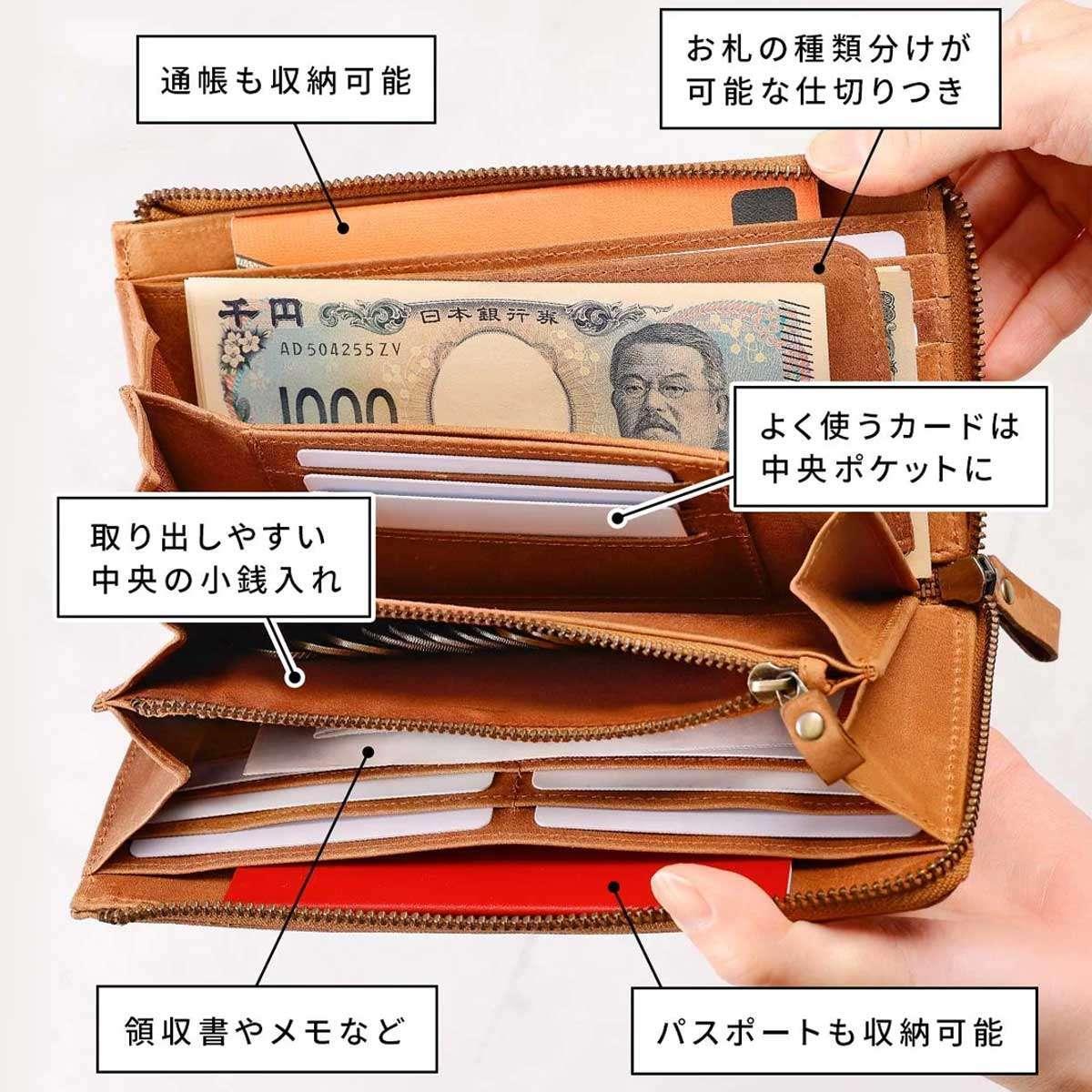 この本革長財布なら通帳もパスポートも全部入るよ。たくさん入れても