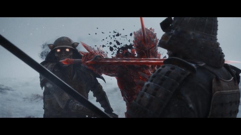 An action scene featuring a red-armored fighter from the movie "Hell Grind."