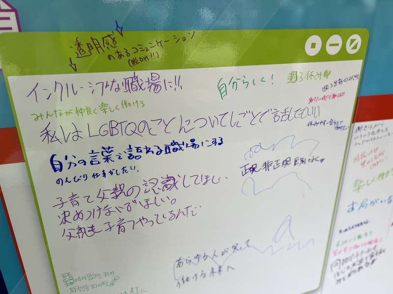 「自分の言葉で語れる職場にする」、「私はLGTBQのことについて仕事で話してもいい」など書かれたボード。来場者が、それぞれの「理想の働き方」、「理想の職場」を、スマートフォンを模したボードに自由に書き綴っていた。