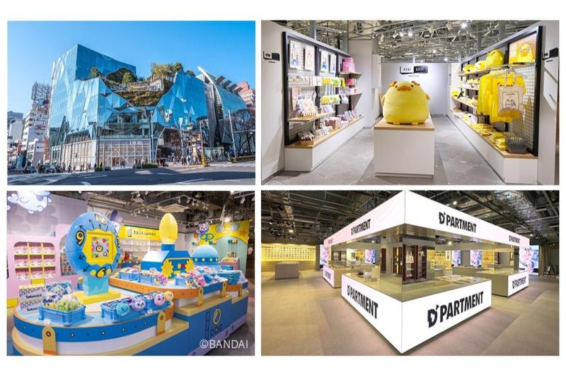 商業施設「ハラカド」（左上）内で実施した自社IPのPOPUP。『おじさんはカワイイものがお好き。』『今日、駅で見た可愛い女の子。』のグッズ販売が行われた（右上）。現在は同施設内にてたまごっち公式ストア『たまごっち ふぁくとり～！』（左下）、世界初のK-POP総合デパート「D'PARTMENT」（右下）をオープンさせている。