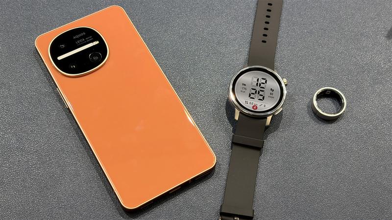 写真左から「AQUOS R11」「からだメイト Watch」「からだメイト Ring」。