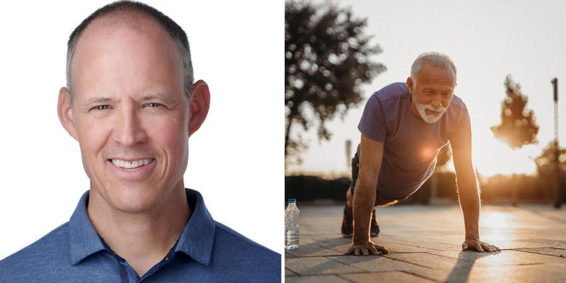 Composite shows a smiling headshot beside a gray-haired person exercising outdoors at sunset with a water bottle nearby.