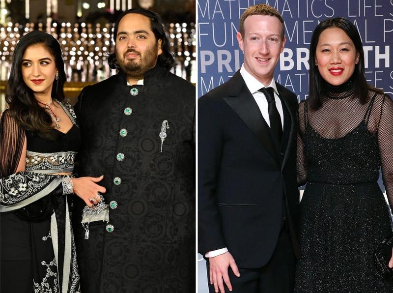 Radhika Merchant poses with Anant Ambani in Mumbai (left) and Mark Zuckerberg poses with Priscilla Chan in Mountain View, California (right).