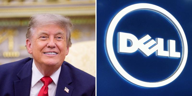 Photo of President Donald Trump smiling and the Dell logo