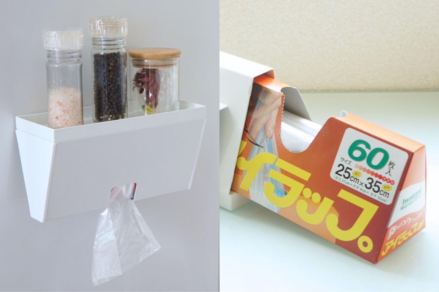 アイラップがそのまま入る。山崎実業の「万能ケース」で、キッチン