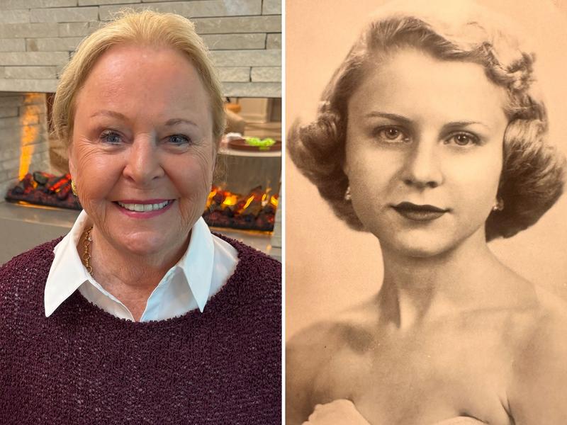 A split image of the same woman, one as an octogenarian and the other as a teenager.