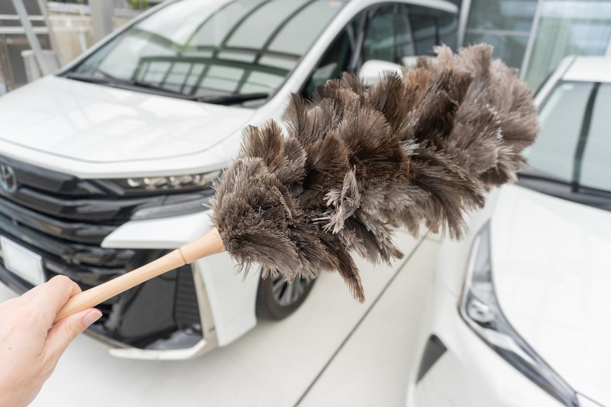 愛車の窓やドアの隙間に溜まるホコリ汚れ。羽根でサッと撫でておくと固着せずに済みました