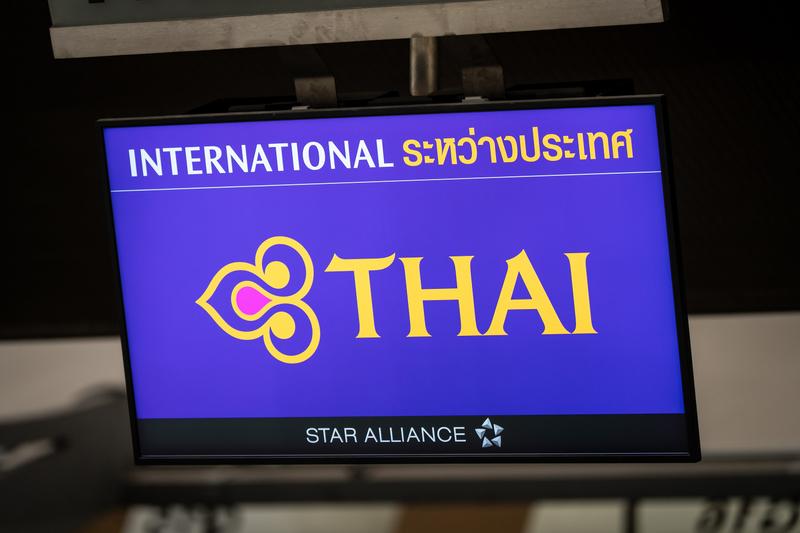 A Thai Airways sign at Suvarnabhumi Airport in Samut Prakan, Thailand.