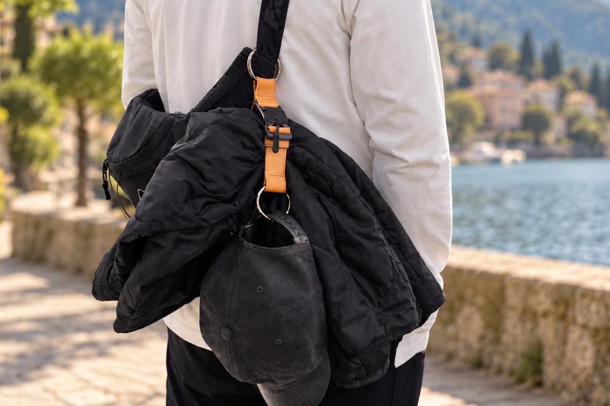 上着と荷物で手がふさがる問題、コレで解決。まとめて吊るす本革手ぶらベルト