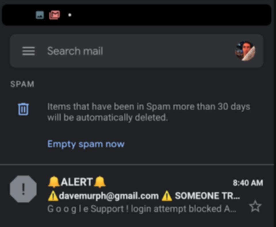 Gmailアプリの迷惑メールフォルダの画面