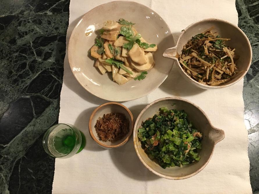 ごぼうの梅肉煮,小松菜のおかか和え