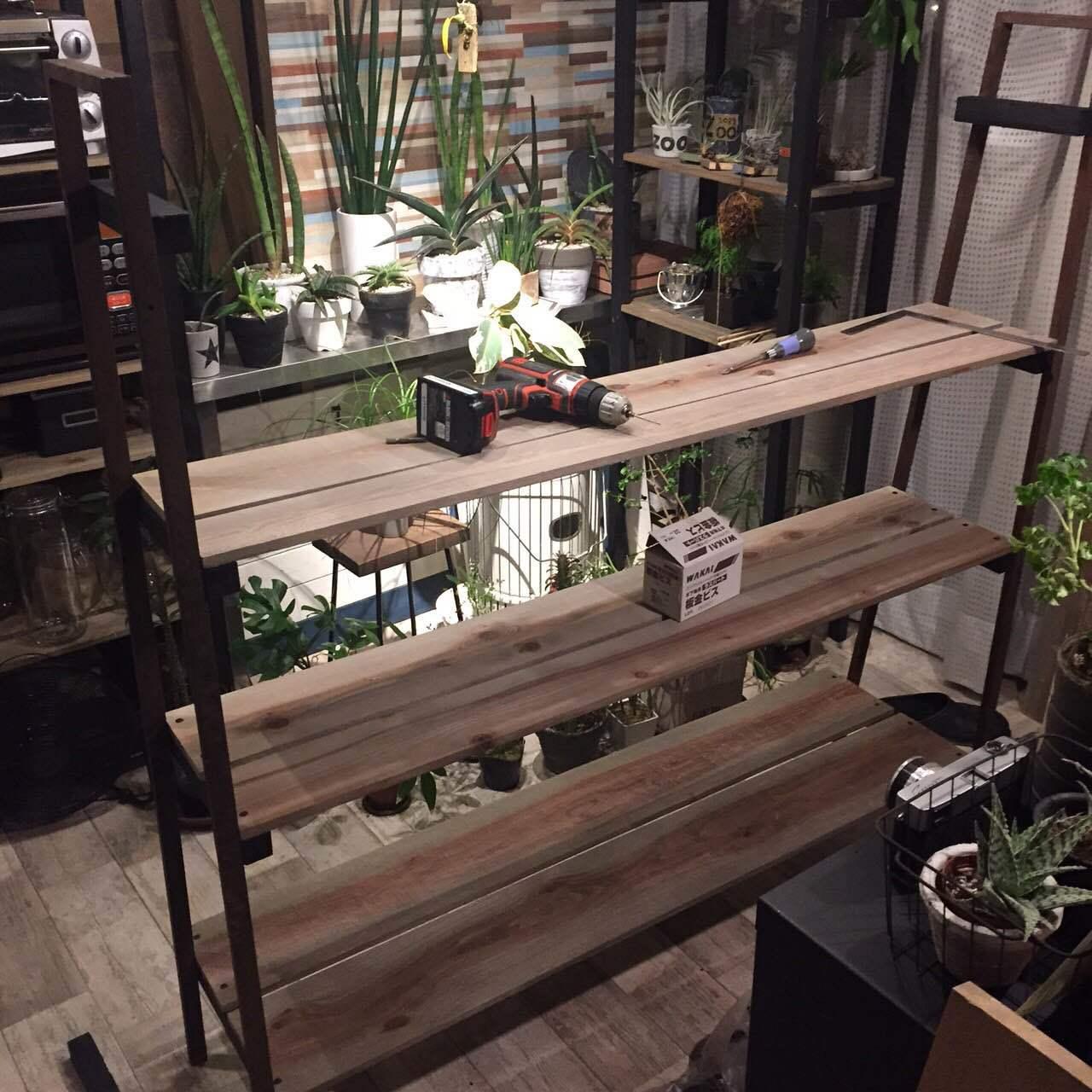 IKEA棚をアレンジして、使い込んだ風合いの「グリーンラック」をDIY