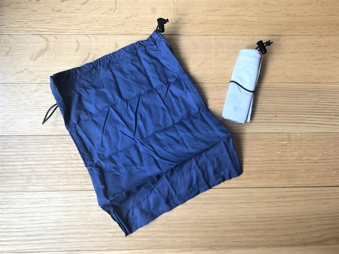 Removed plastic bag. MUJI 's small, foldable drawstring bag is a