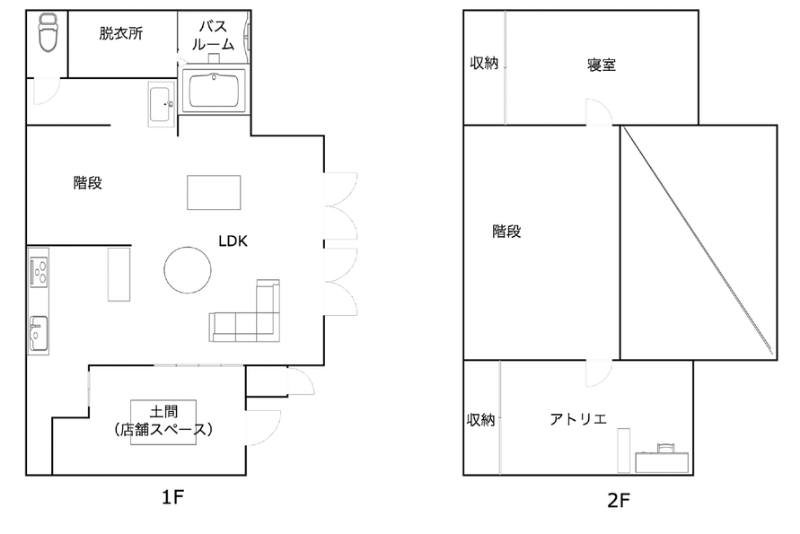 2LDK+土間+ホールの中古戸建間取り
