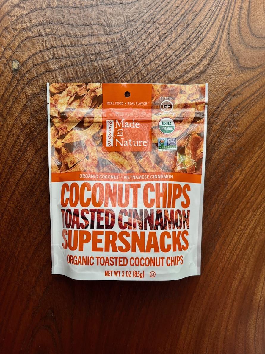 Made in Nature 「オーガニックココナッツチップストーストシナモンスーパースナック 85g」パッケージ