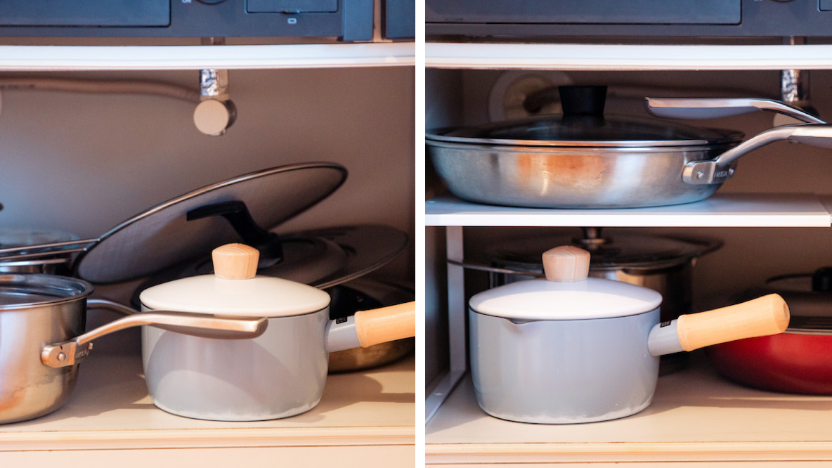 ありがとう、山崎実業...。キッチンの“あのスペース”に鍋やフライパンをピッタリ収納できるようになったよ