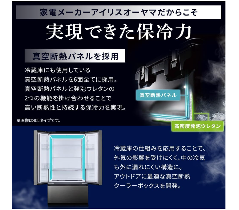 アイリスオーヤマ 真空断熱冷蔵庫 保冷力長持ち ほぼ冷蔵庫。約4日キンキンが続く真空断熱クーラーボックスが1万