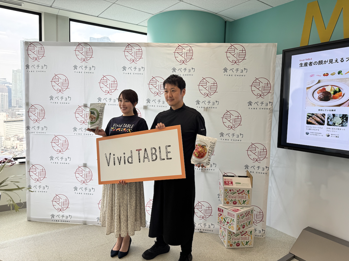 手に商品を持ち、カメラにポースを撮る2人