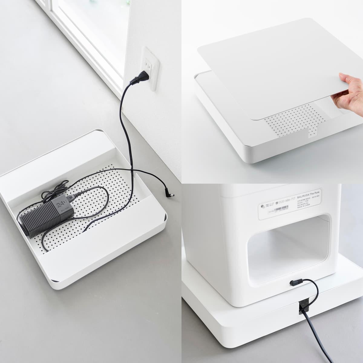 山崎実業の「収納付きスチール台車 タワー」の中にコードやアダプターを収納している様子