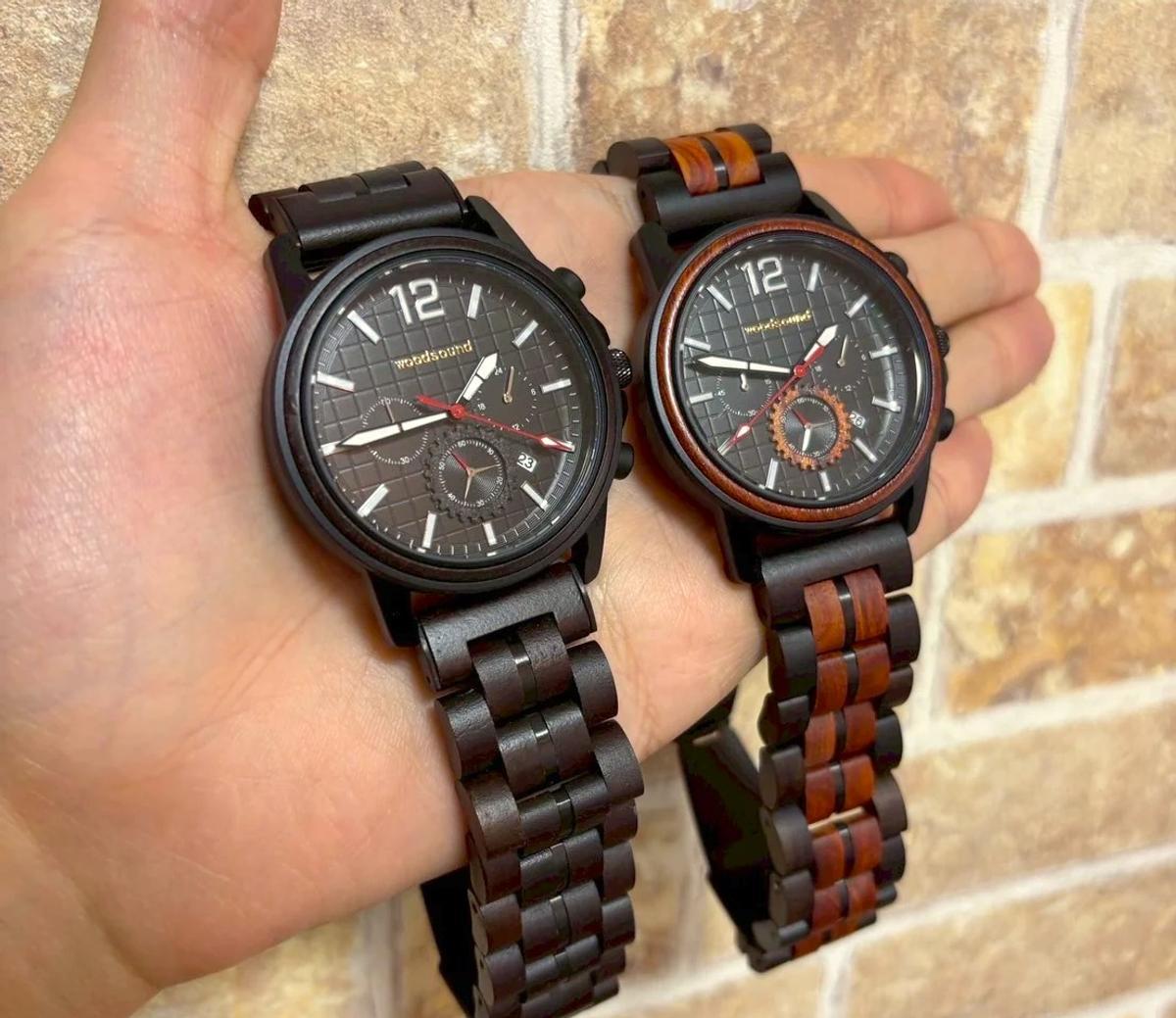 優しい風合いの希少天然木を使ったクロノグラフ腕時計。金属アレルギー