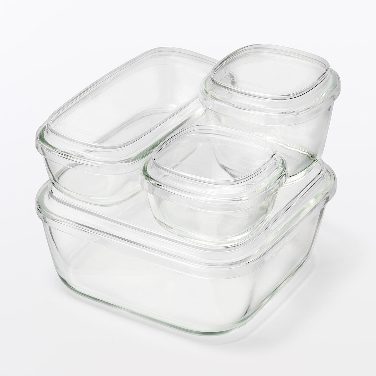 無印良品「蓋をしたままレンジで使える 耐熱ガラス容器」を空でスタッキングした様子