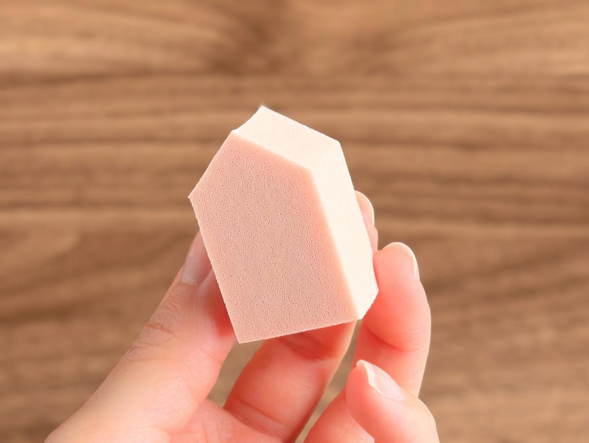 ロージーローザ「バリュースポンジN ハウス型タイプS」1つを手に持っている様子