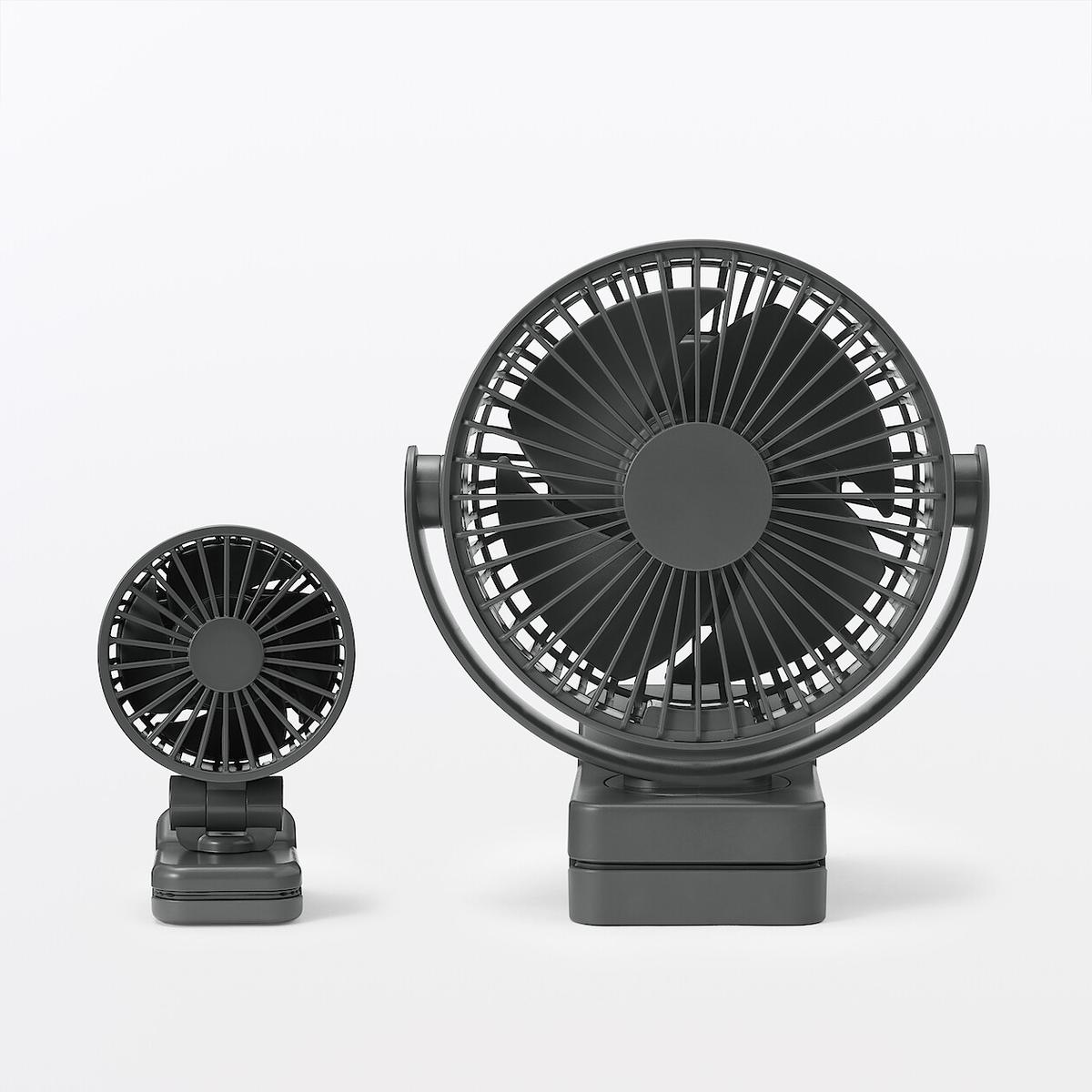 無印良品 「置いても使える 充電式クリップファン ミニ」と無印良品「置いても使える 充電式クリップファン」のサイズ感比較写真。