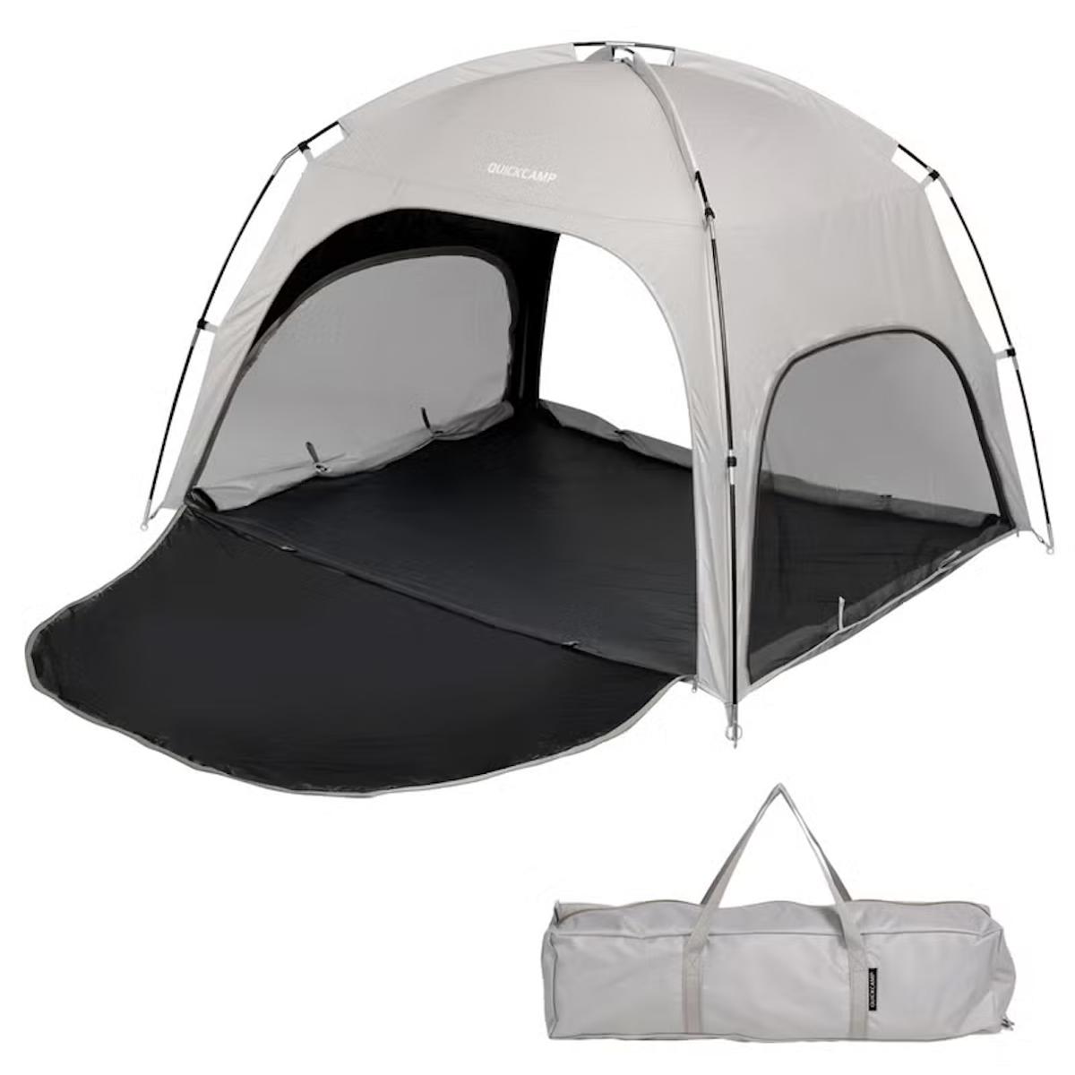 クイックキャンプコンパクトシェードブラックコーティングの組み立て状態と収納バッグ