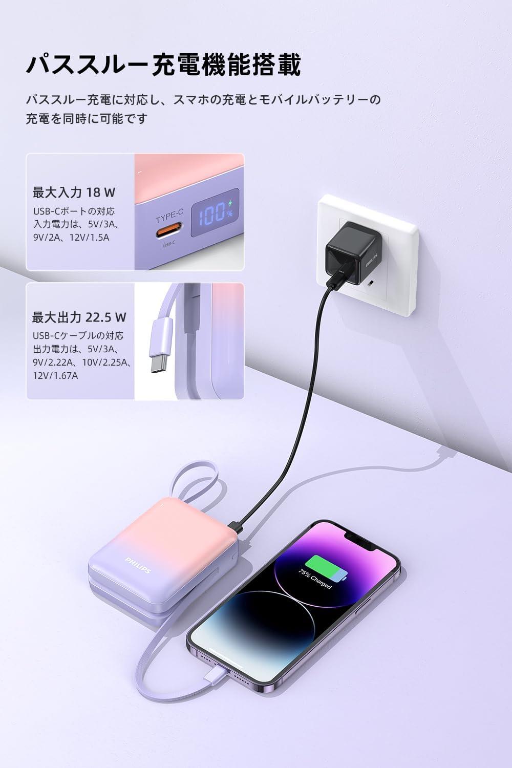 20000mAh×ケーブル内蔵。4台同時対応のPhilipsモバイルバッテリーが