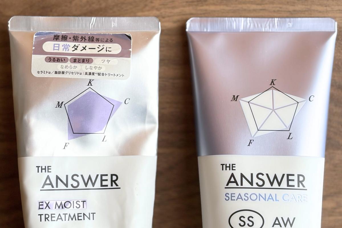 THE ANSWER「シーズナルケア SS EXトリートメント」と日常ダメージケア「EX モイスト トリートメント」のパッケージ並び