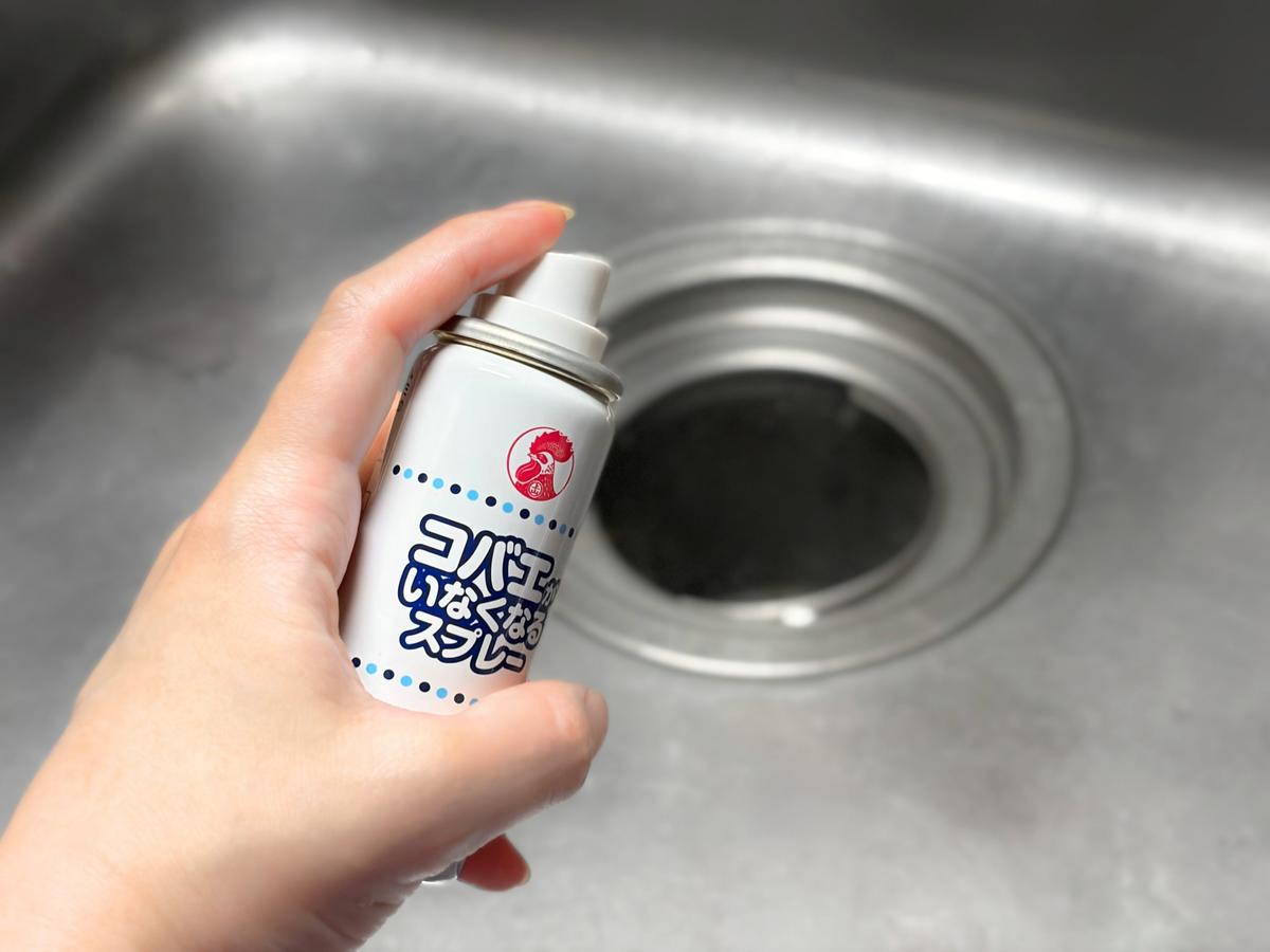 KINCHO「コバエがいなくなるスプレー」を排水口に吹きかける様子